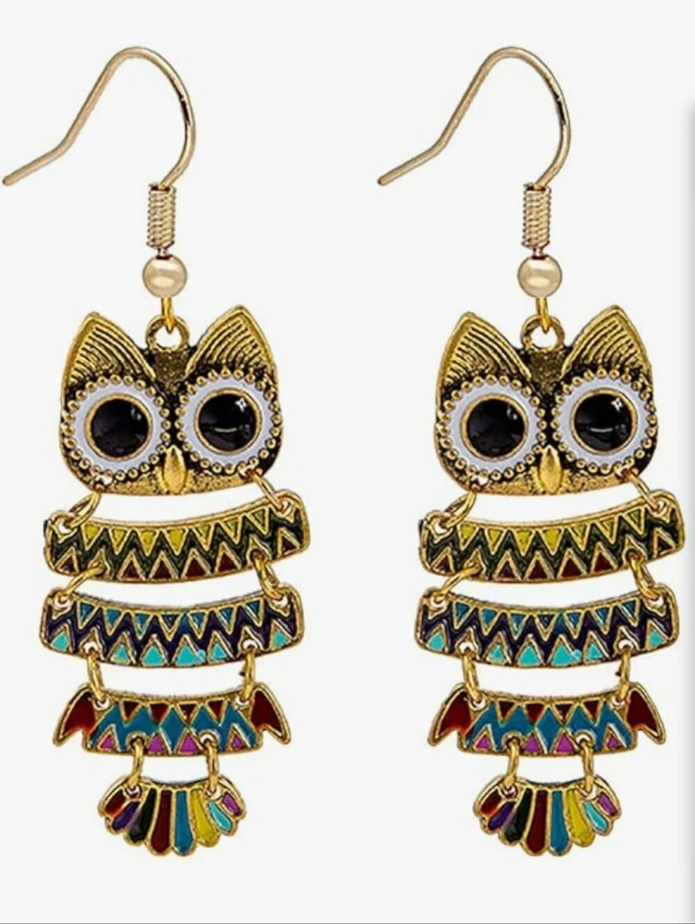 Owl Earrings Multi-color On Gold Tone